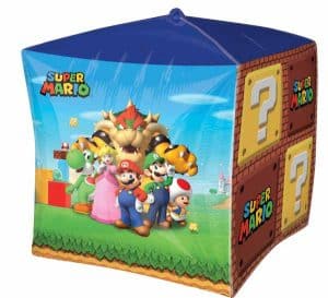 Colorful Super Mario Bros themed foil balloon cube with characters and question blocks.