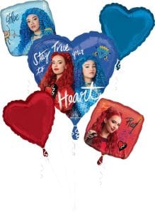 Colorful balloon bouquet featuring Disney Descendants characters Chloe and Red.