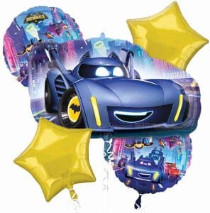 Batman Batmobile foil balloon with yellow star-shaped balloons for party decor.