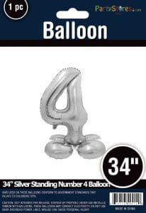 Silver 34-inch standing number 4 balloon for celebrations.
