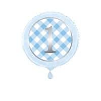 Blue Gingham 1st Birthday Round Foil Balloon 18  Packaged"