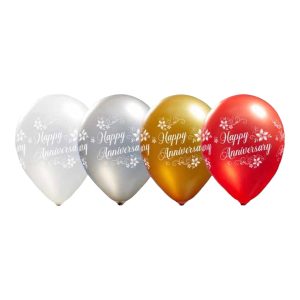 Colorful anniversary balloons with 'Happy Anniversary' message for celebrations.