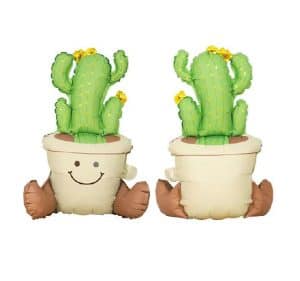 Cute cactus foil balloon in a pot with smiling face and brown feet.