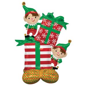 Festive Christmas elf balloon with presents for holiday decor.