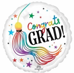 Colorful graduation balloon with confetti and streamers.