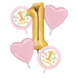 Pink and gold first birthday balloons with heart and '1st Birthday' designs.