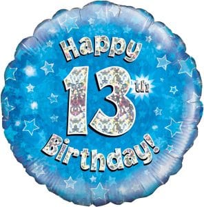 Blue holographic 13th birthday balloon with stars for celebration.