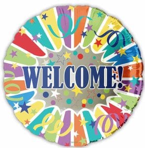 Colorful welcome foil balloon with stars and streamers for celebrations.