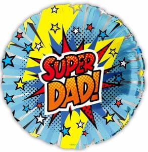 Colorful foil balloon with 'Super Dad!' message for Father's Day celebration.