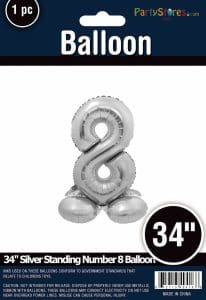 Silver 34-inch standing number 8 balloon for celebrations and parties.