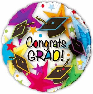 Colorful graduation balloon with caps and stars for celebration.