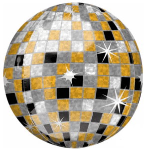 Gold, silver, black disco ball foil balloon for celebrations.