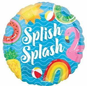 Colorful pool party foil balloon with summer-themed designs and text.