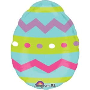 Colorful Easter egg foil balloon with zigzag and dot patterns for celebrations.