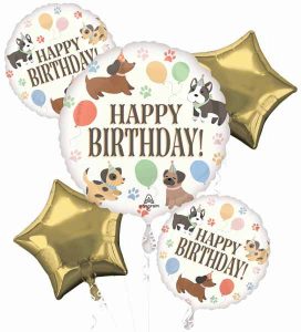 Dog-themed birthday balloons with 'Happy Birthday' message and gold star balloons.