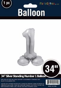 34-inch silver standing number 1 balloon for parties and events.