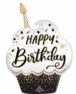 Celebration cupcake foil balloon with 'Happy Birthday' message and candle.