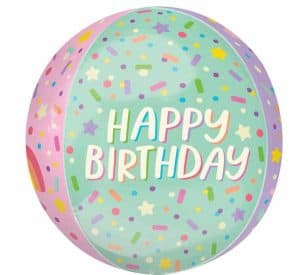 Colorful birthday balloon with confetti and 'HAPPY BIRTHDAY' text.