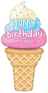Colorful ice cream cone birthday balloon with sprinkles and message.