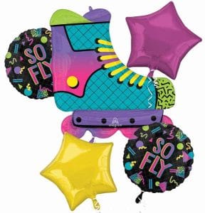 Colorful 90s themed balloon bouquet with stars and 'So Fly' text.