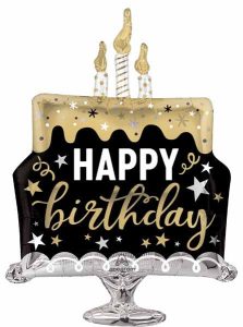 Celebration birthday cake foil balloon with candles and stars.
