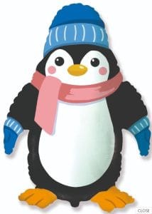 Colorful penguin foil balloon wearing a blue hat and pink scarf for winter celebrations.