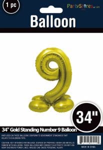 Gold 34-inch number 9 balloon for celebrations and parties.