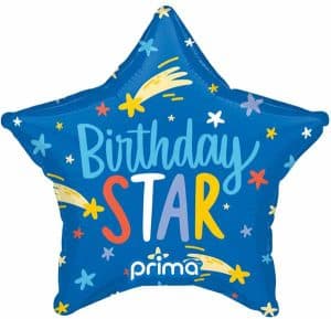 Blue star-shaped foil balloon with birthday design and colorful stars.