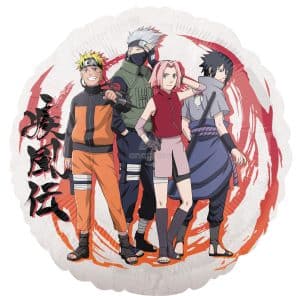 Naruto characters from the anime series on a round foil balloon.