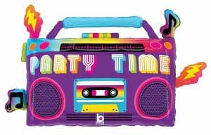 Colorful party boombox foil balloon with lightning and music notes.