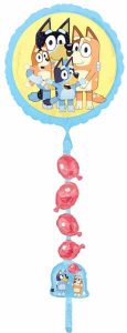 Colorful Bluey-themed balloon with characters from Bluey TV show.