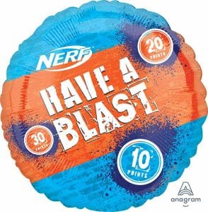 Colorful Nerf-themed foil balloon with 'Have a Blast' message and point values.