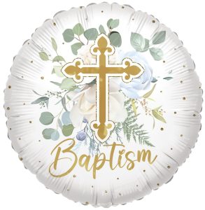 Baptism themed foil balloon with cross and floral design for baptism celebrations.