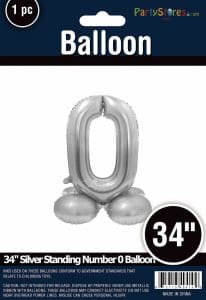 Silver 34-inch standing number 0 balloon for celebrations and parties.