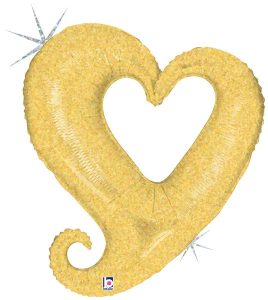 Gold heart-shaped foil balloon with a curly tail and sparkling accents.