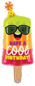 Colorful popsicle-shaped birthday balloon with sunglasses and party hat.