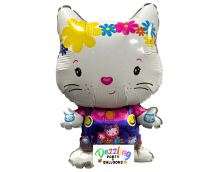 Cute white cat foil balloon with colorful flowers and a pink nose.