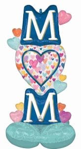Colorful heart and letter balloons for celebration decor.