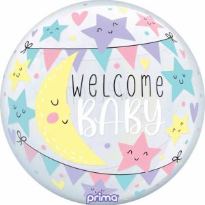 Colorful moon and stars welcome baby balloon for celebration.