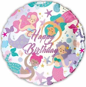 Colorful mermaid birthday balloon with mermaids and sea-themed decorations.