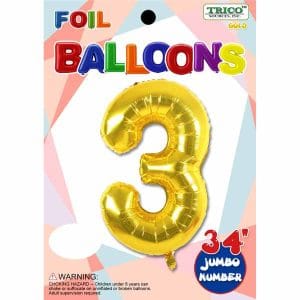 Gold foil number 3 balloon for celebrations and parties.