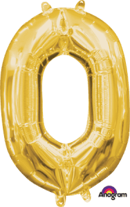Gold foil balloon shaped as number 0 for celebrations and events.