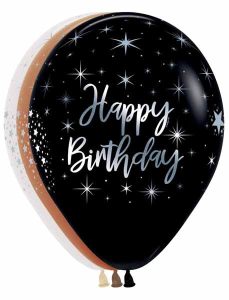 Black birthday balloon with white stars and 'Happy Birthday' message.