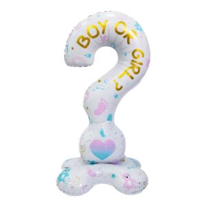 Colorful 'Boy or Girl?' gender reveal foil balloon with pastel designs.