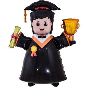 Graduation boy foil balloon holding diploma and trophy.