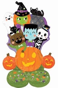 Colorful Halloween balloon display with pumpkins, ghosts, and spooky characters.