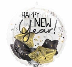 Festive Happy New Year balloon with gold and black stars and bows.