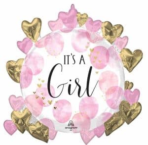 Pink and gold heart-shaped balloons with 'It's A Girl' message.