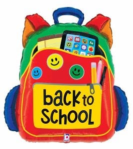 Colorful backpack balloon with school supplies and smiley faces.