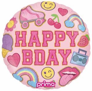 Colorful birthday balloon with emojis and sweets for girls' celebration.